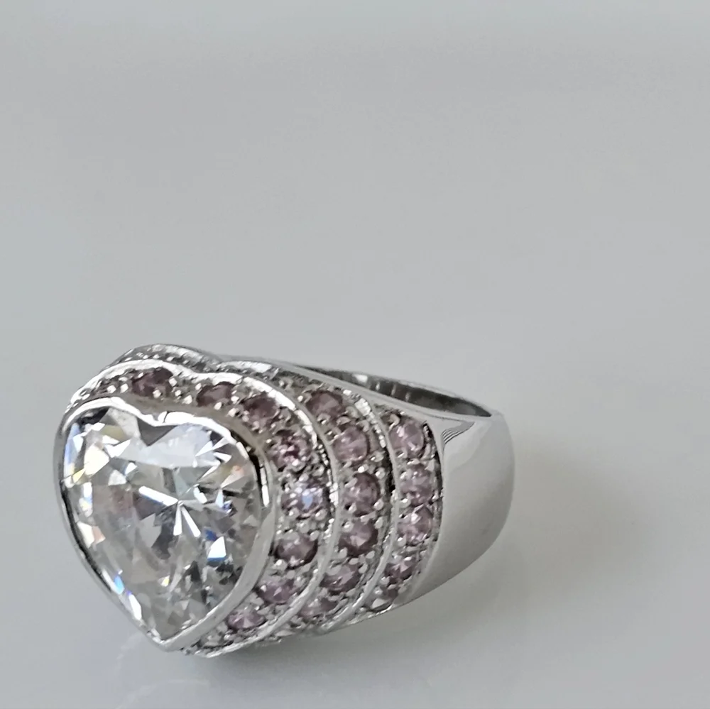 Perfect Heart Shaped Diamond & Pink Sapphire Simulant Ring Sterling Silver Sz 6! - Picture 3 of 6